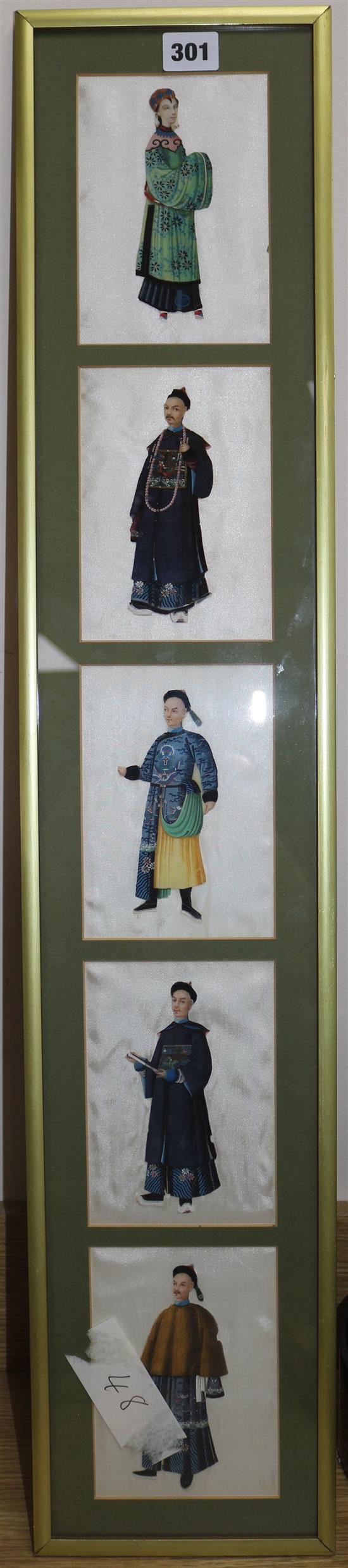 Five Chinese gouaches on pith paper, on later silk backings, each approx. 15.5 x 10.5cm